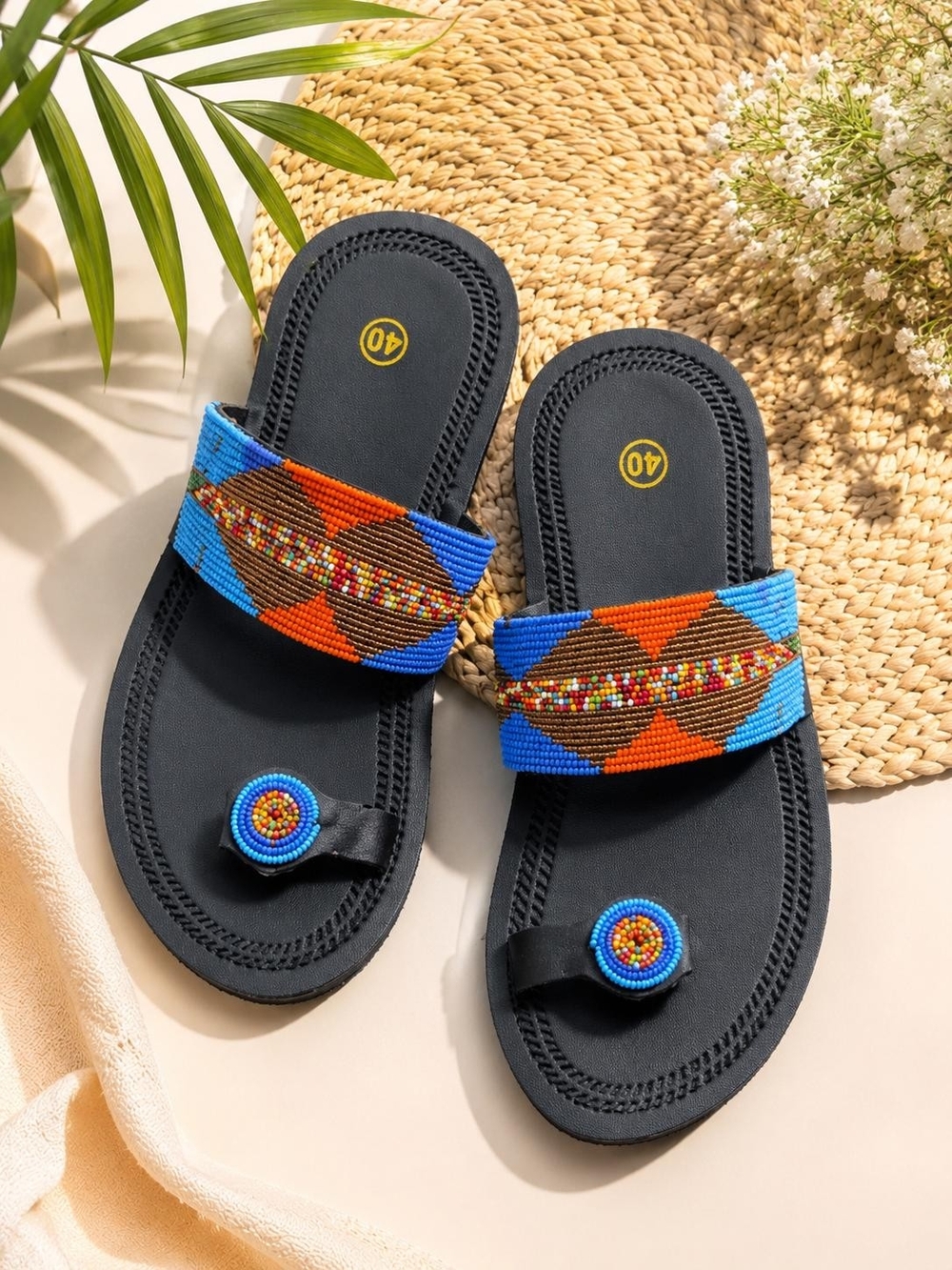 Beaded Strap Black Slide Sandals with Blue & Orange Accents